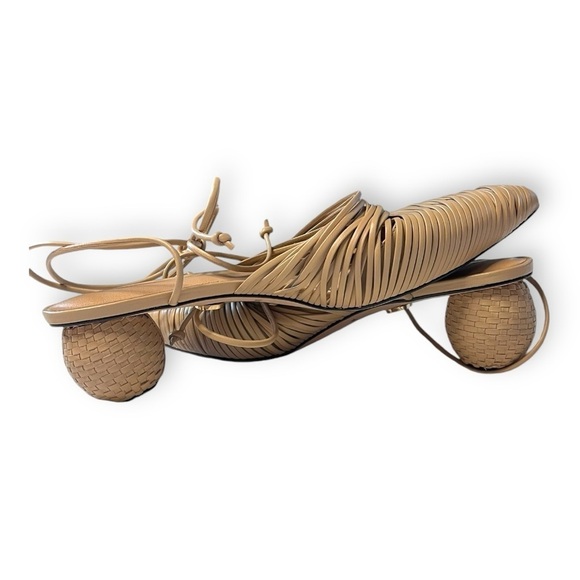 Lenny Lu Miranda Moroccan Leather Tan Cocoon Slip On Mules W/ basket heels - Picture 6 of 9